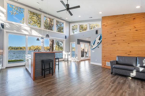 Interior, Kitchen, Recessed Lighting, Water, Wood Texture Flooring, Wooden Walls