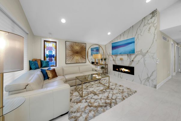 Fireplace, Interior, Living room, Marble Walls, Recessed Lighting