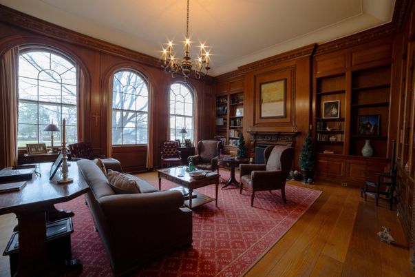 Chandelier, Fireplace, Home Office, Interior, Living room, Wood Texture Flooring, Wooden Walls