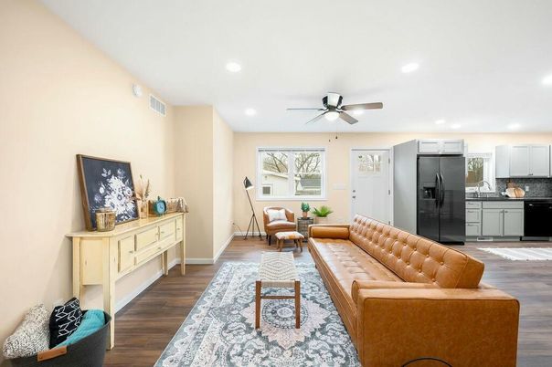 Interior, Kitchen, Living room, Recessed Lighting, Wood Texture Flooring