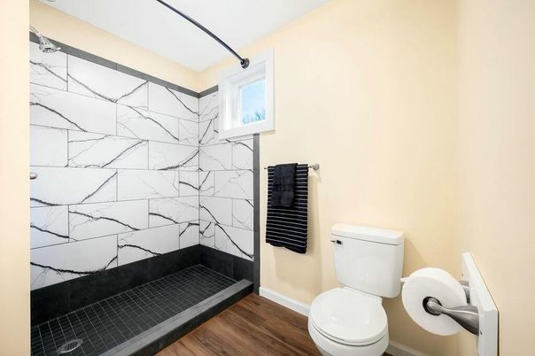 Bathroom, Interior, Marble Walls, Wood Texture Flooring