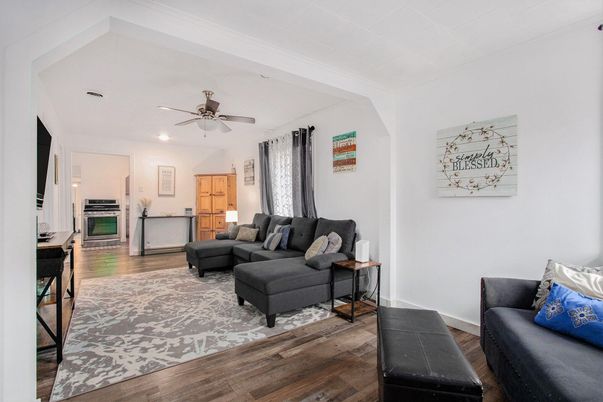 Interior, Kitchen, Living room, Recessed Lighting, Stainless Steel Appliances, Wood Texture Flooring