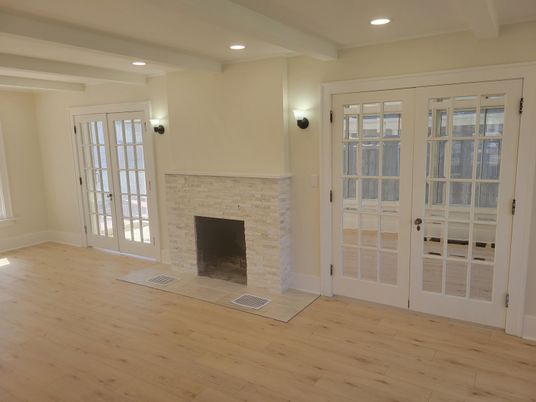 Empty room, Fireplace, Interior, Recessed Lighting, Wood Texture Flooring