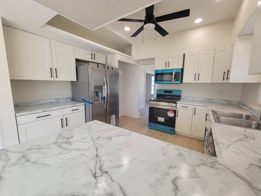 Interior, Kitchen, Recessed Lighting, Stainless Steel Appliances, Wood Texture Flooring
