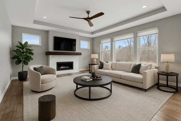 Fireplace, Interior, Living room, Recessed Lighting, Wood Texture Flooring