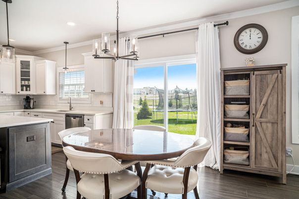 Dining room, Interior, Kitchen, Pendant Lights, Recessed Lighting, Wood Texture Flooring