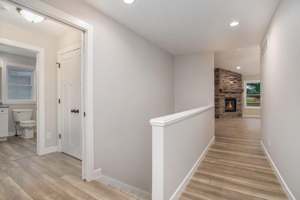 Bathroom, Fireplace, Interior, Recessed Lighting, Wood Texture Flooring