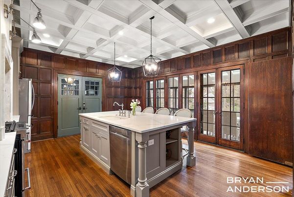 Interior, Kitchen, Pendant Lights, Recessed Lighting, Wood Texture Flooring, Wooden Walls