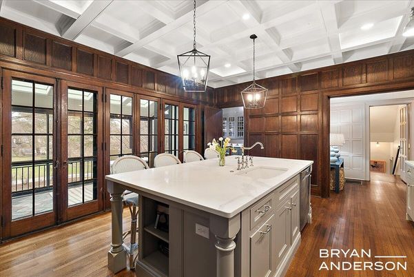 Interior, Kitchen, Pendant Lights, Recessed Lighting, Wood Texture Flooring, Wooden Walls