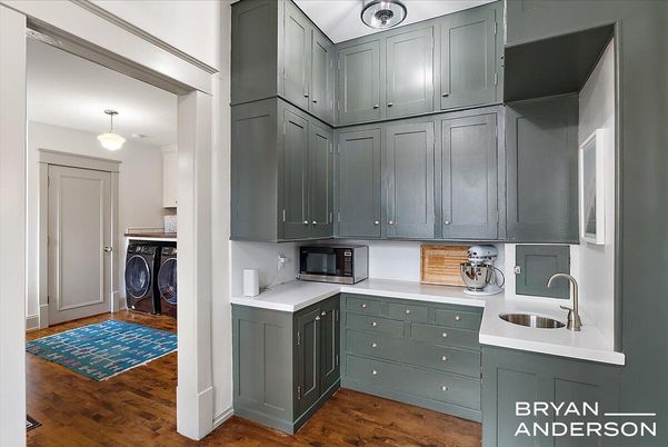 Interior, Kitchen, Pendant Lights, Washer, Wood Texture Flooring