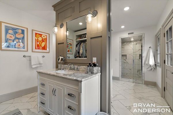 Bathroom, Dual Sink Vanities, Glass Shower, Interior, Marble, Recessed Lighting