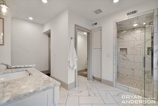 Bathroom, Glass Shower, Interior, Marble, Marble Walls, Recessed Lighting