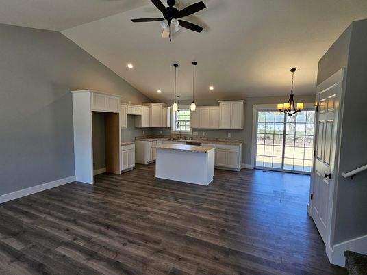 Chandelier, Interior, Kitchen, Pendant Lights, Recessed Lighting, Wood Texture Flooring