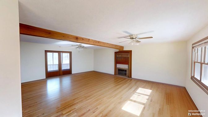 Empty room, Fireplace, Interior, Wooden Beams, Wood Texture Flooring