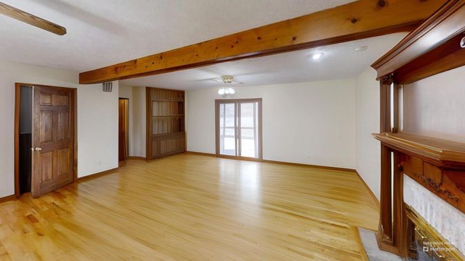 Empty room, Fireplace, Interior, Recessed Lighting, Wooden Beams, Wood Texture Flooring