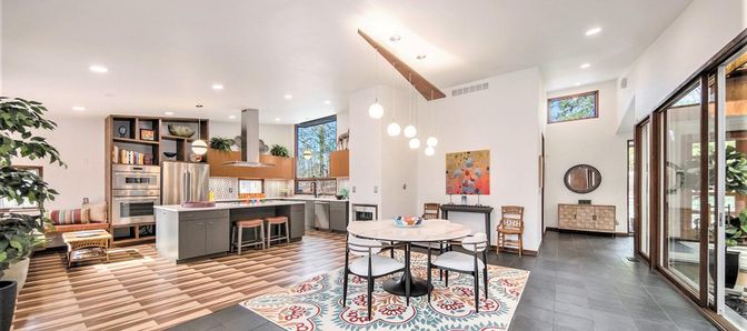 Dining room, Interior, Kitchen, Pendant Lights, Recessed Lighting, Stainless Steel Appliances, Wooden Beams