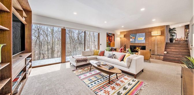 Fireplace, Interior, Living room, Recessed Lighting, Stone Walls, Wooden Walls