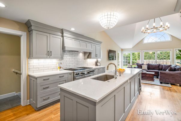 Chandelier, Interior, Kitchen, Living room, Recessed Lighting, Stainless Steel Appliances, Wood Texture Flooring