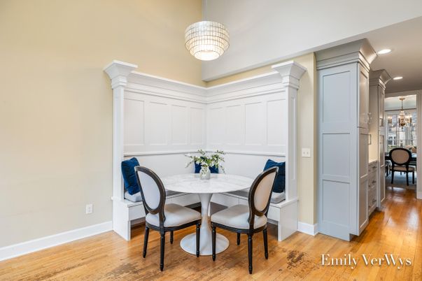 Dining room, Interior, Pendant Lights, Recessed Lighting, Wood Texture Flooring