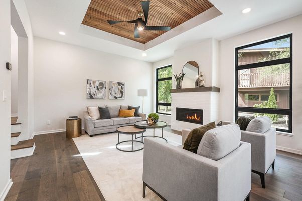 Fireplace, Interior, Living room, Recessed Lighting, Wooden Ceilings, Wood Texture Flooring