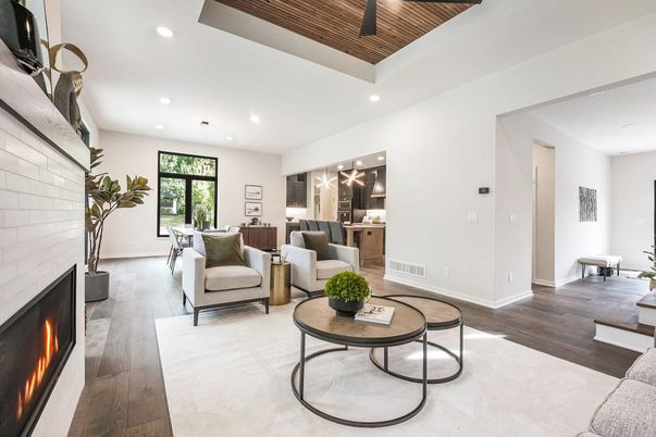 Dining room, Fireplace, Interior, Kitchen, Living room, Pendant Lights, Recessed Lighting, Wooden Ceilings, Wood Texture Flooring