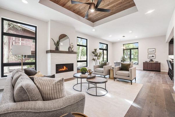 Fireplace, Interior, Living room, Recessed Lighting, Wooden Ceilings, Wood Texture Flooring