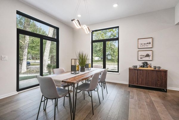 Dining room, Interior, Pendant Lights, Recessed Lighting, Wood Texture Flooring
