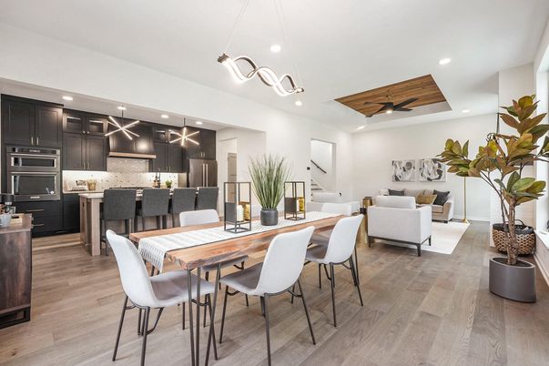 Dining room, Interior, Kitchen, Living room, Pendant Lights, Recessed Lighting, Stainless Steel Appliances, Wooden Ceilings, Wood Texture Flooring