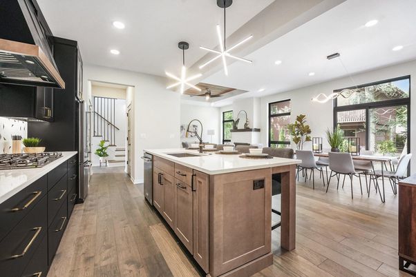 Dining room, Interior, Kitchen, Pendant Lights, Recessed Lighting, Wood Texture Flooring