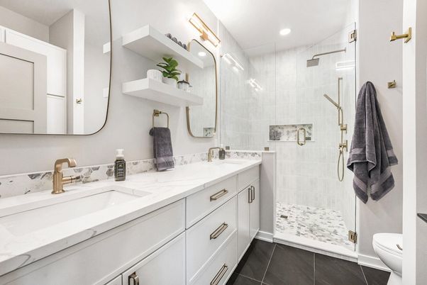 Bathroom, Dual Sink Vanities, Glass Shower, Interior, Recessed Lighting