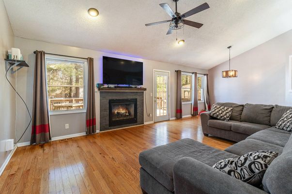Fireplace, Interior, Living room, Pendant Lights, Wood Texture Flooring