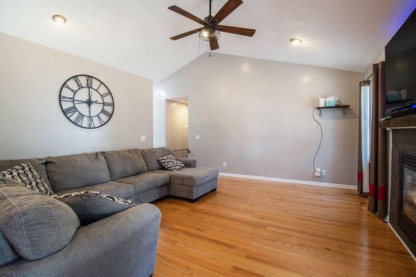 Fireplace, Interior, Living room, Recessed Lighting, Wood Texture Flooring