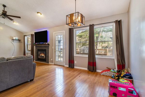 Fireplace, Interior, Pendant Lights, Recessed Lighting, Wood Texture Flooring