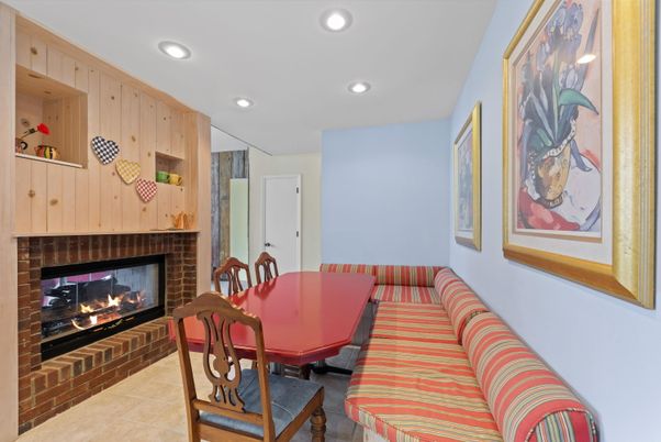 Dining room, Fireplace, Interior, Recessed Lighting, Wooden Walls
