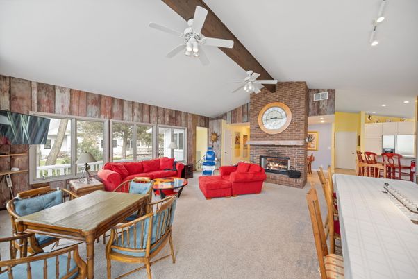 Dining room, Fireplace, Interior, Kitchen, Living room, Recessed Lighting, Stone Walls