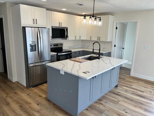 Interior, Kitchen, Pendant Lights, Recessed Lighting, Stainless Steel Appliances, Wood Texture Flooring
