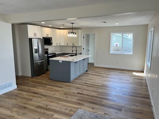 Interior, Kitchen, Pendant Lights, Recessed Lighting, Stainless Steel Appliances, Wood Texture Flooring