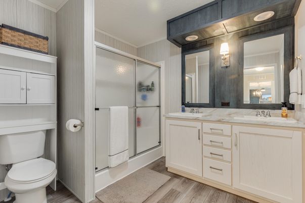 Bathroom, Dual Sink Vanities, Glass Shower, Interior, Wood Texture Flooring