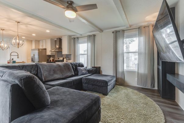 Chandelier, Interior, Kitchen, Living room, Pendant Lights, Recessed Lighting, Stainless Steel Appliances, Wood Texture Flooring