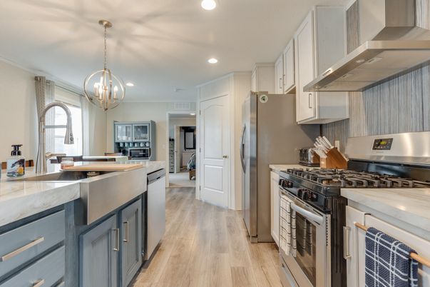 Chandelier, Interior, Kitchen, Pendant Lights, Recessed Lighting, Stainless Steel Appliances, Wood Texture Flooring