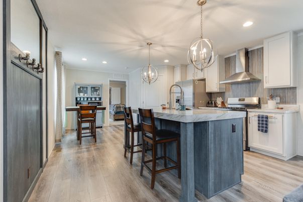 Chandelier, Interior, Kitchen, Pendant Lights, Recessed Lighting, Stainless Steel Appliances, Wood Texture Flooring