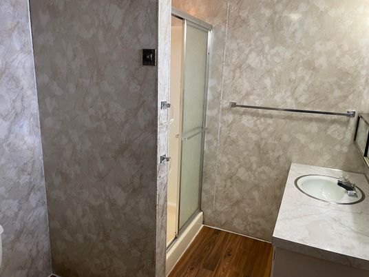 Bathroom, Glass Shower, Interior, Wood Texture Flooring