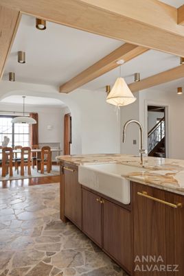 Dining room, Interior, Kitchen, Pendant Lights, Wooden Beams