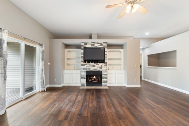 Empty room, Fireplace, Interior, Recessed Lighting, Wood Texture Flooring