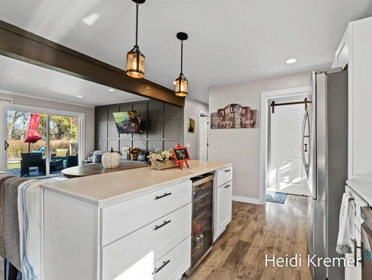 Interior, Kitchen, Pendant Lights, Recessed Lighting, Wood Texture Flooring