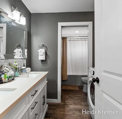 Bathroom, Dual Sink Vanities, Interior, Recessed Lighting, Wood Texture Flooring