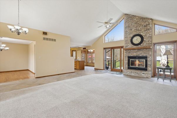 Chandelier, Empty room, Fireplace, Interior, Stone Walls