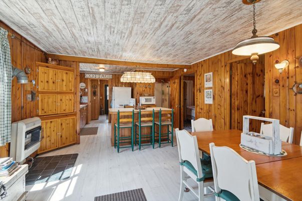 Dining room, Interior, Kitchen, Pendant Lights, Wood Texture Flooring, Wooden Walls