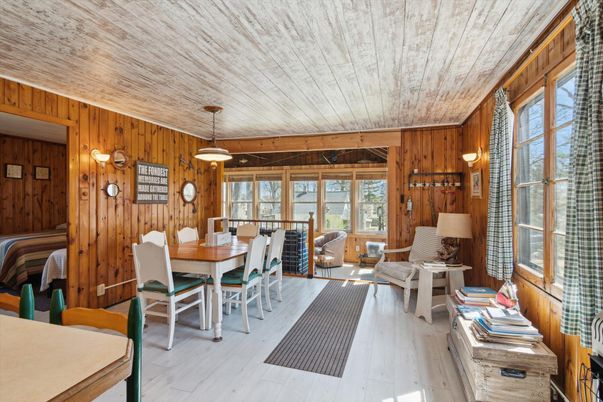 Dining room, Interior, Pendant Lights, Wooden Ceilings, Wood Texture Flooring, Wooden Walls