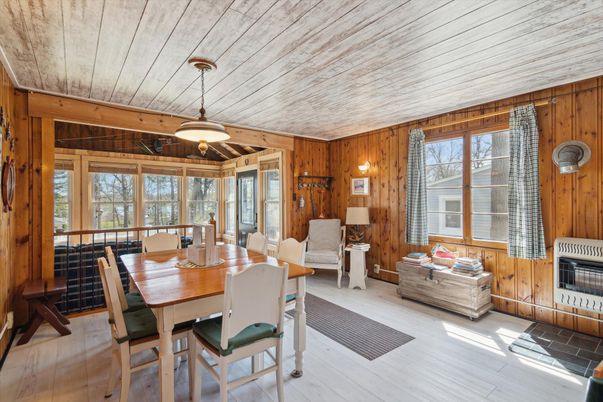 Dining room, Fireplace, Interior, Pendant Lights, Wooden Ceilings, Wood Texture Flooring, Wooden Walls